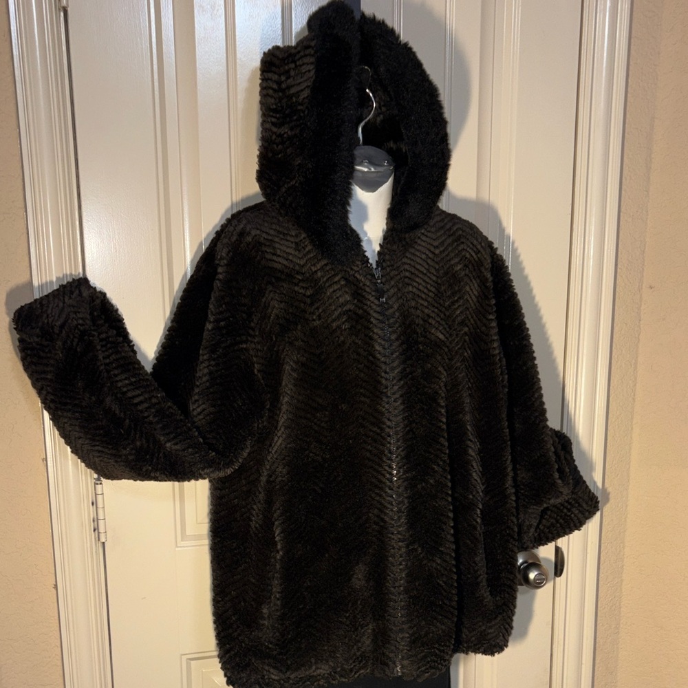 Gallery Large Black faux fur chevron zip up jacket with wide cuffs and hoodie